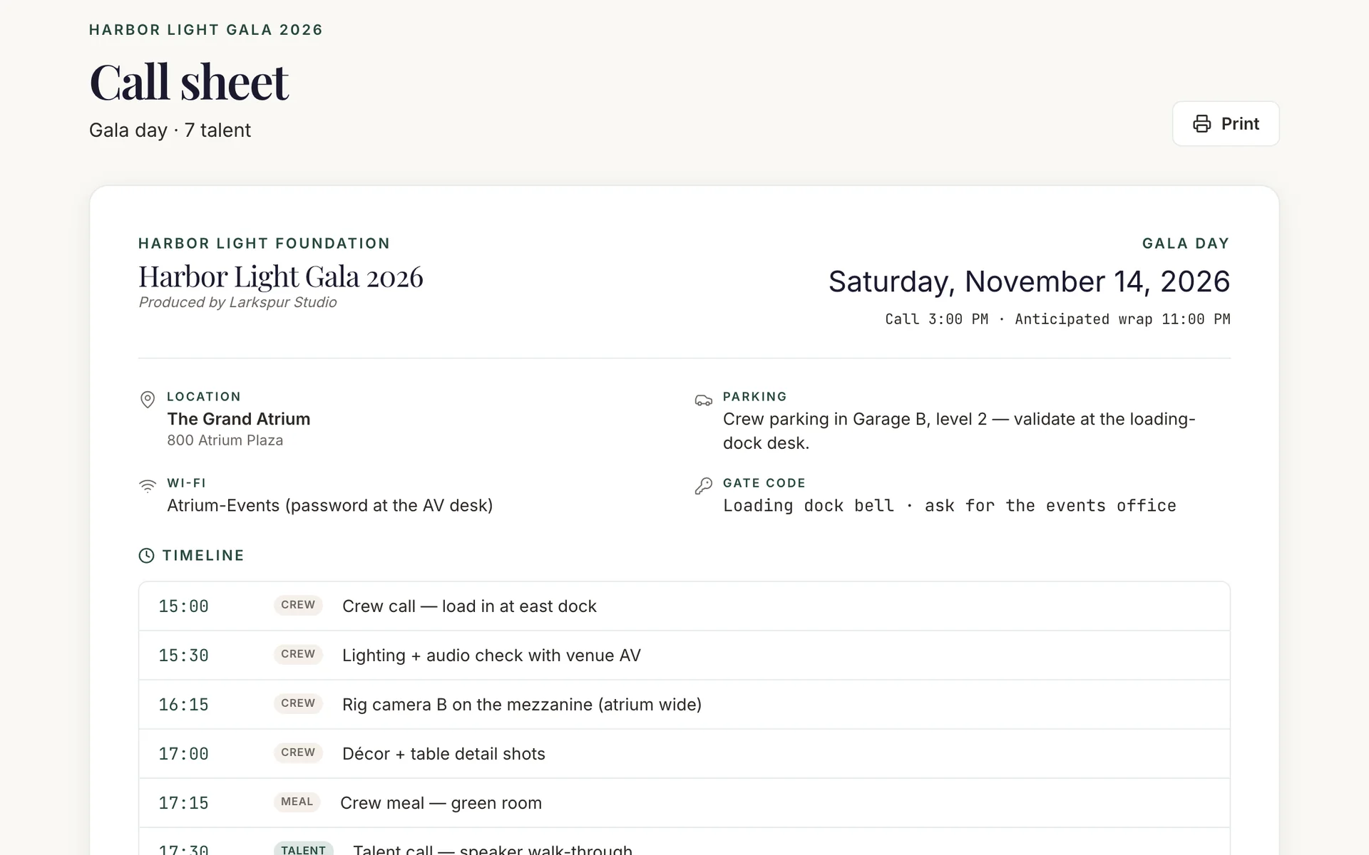 A printable CallBoard call sheet for a demo gala: location, parking, a timed running order and the talent list with release status.