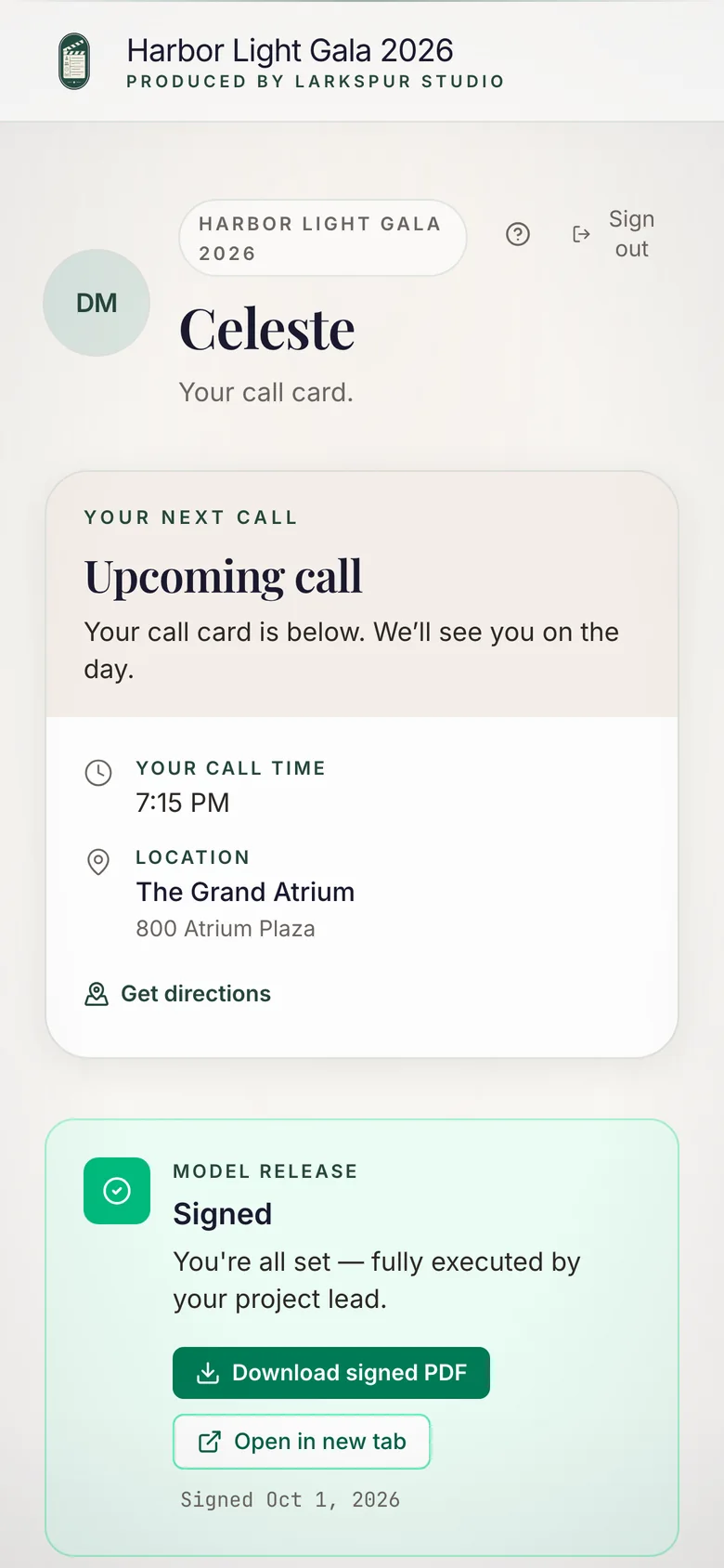 The talent page on a phone, showing a demo speaker’s call time, location and signed release.