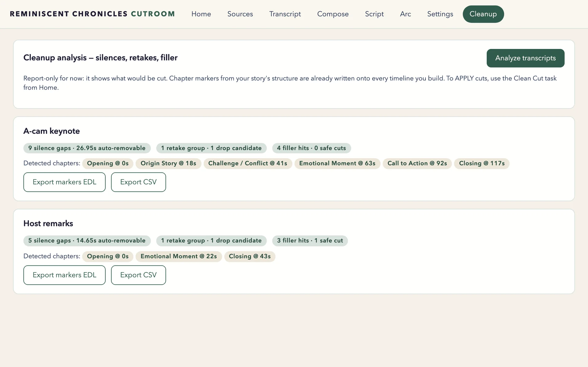 The Cutroom clean-up report for a demo gala keynote: silences, a retake, filler words and detected chapters, with marker export.