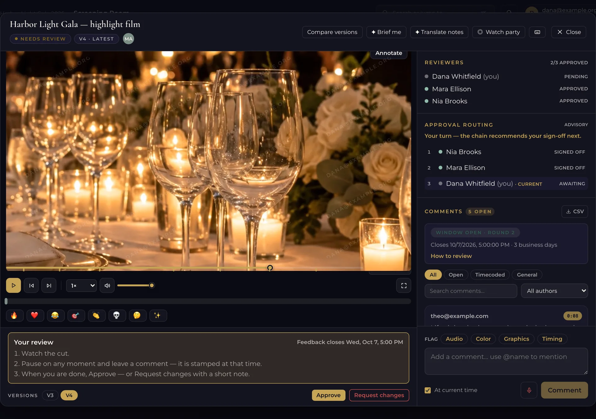 A client reviewing a demo gala highlight film in Post-Production: the player, reviewers who have signed off, whose turn it is, and Approve or Request changes.