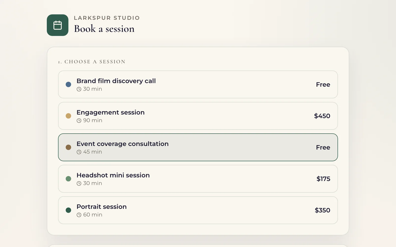 A demo studio’s public booking page with session types, prices and open time slots.